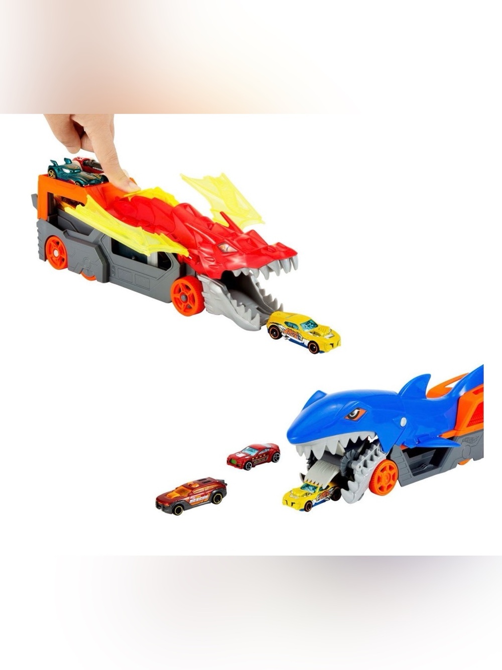 Hot Wheels Shark Chomp Transporter in blue & the Hot Wheels Dragon launcher